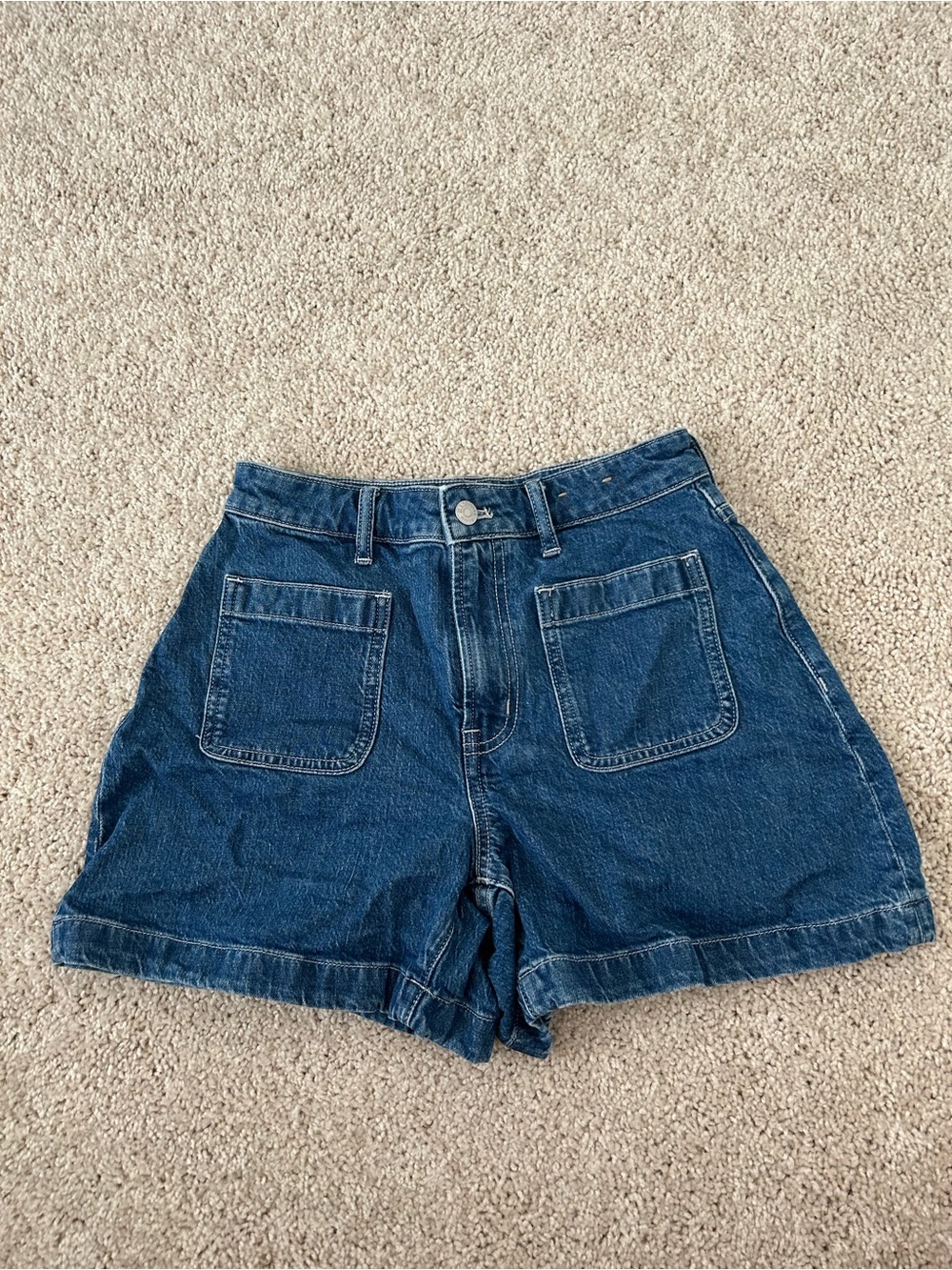 High-Waisted Dark Blue Denim Shorts with Front Patch Pockets